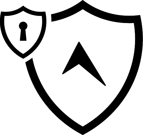 Black outline with transparent background shield twinstate graphic element, with lock looking shield stacked on upper left hand sideTwinstate Managed IT Security Icon